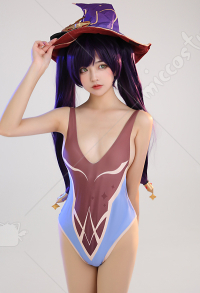 Mona Swimsuit Cosplay Badeanzug Slinge Niedriger Kragen Hoher Beinausschnitt Bodysuit in Braun