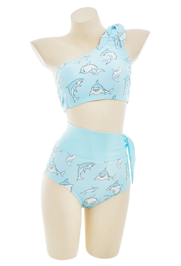 Maillot de Bain Bleu avec Impression des Requins Cosplay Costume Deux Pièces à une Épaule