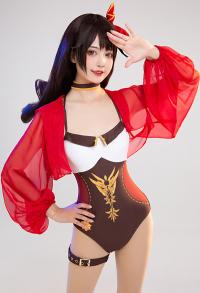 Amber Derivative One-piece Swimsuit Halter Low-cut Bathing Suit with Headdress Choker and Leg Ring Swimwear