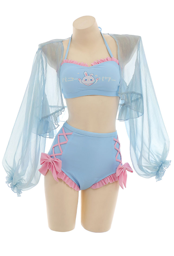 Miccostumes Kawaii Blau Hase Bikini Set Rüschen Criss Cross Swimsuit Hoch Taillen Badeanzug mit Chiffon Top