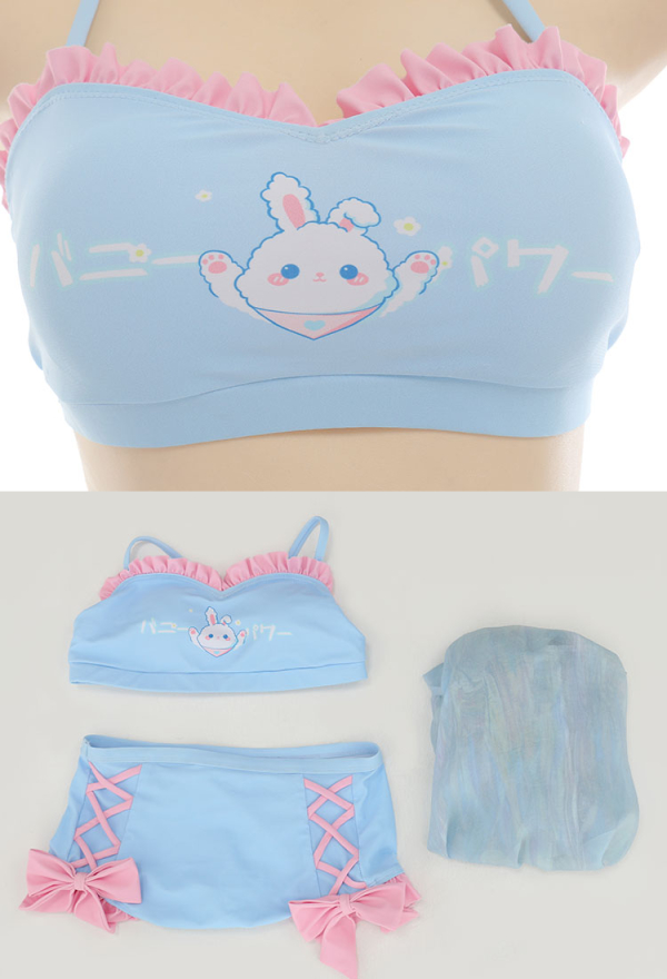 Kawaii Two-Piece Swimsuit - Blue Bunny Pattern Halter Top and Bowknot  Bottoms Swimwear Bathing Suit