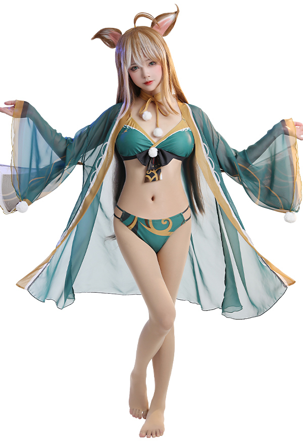 Miccostumes Swimsuits Ms Hina Riemchen Bikini Dreieckiges Cosplay Schleife Cutout Swimsuit mit Choker Chiffon Haori in Grün