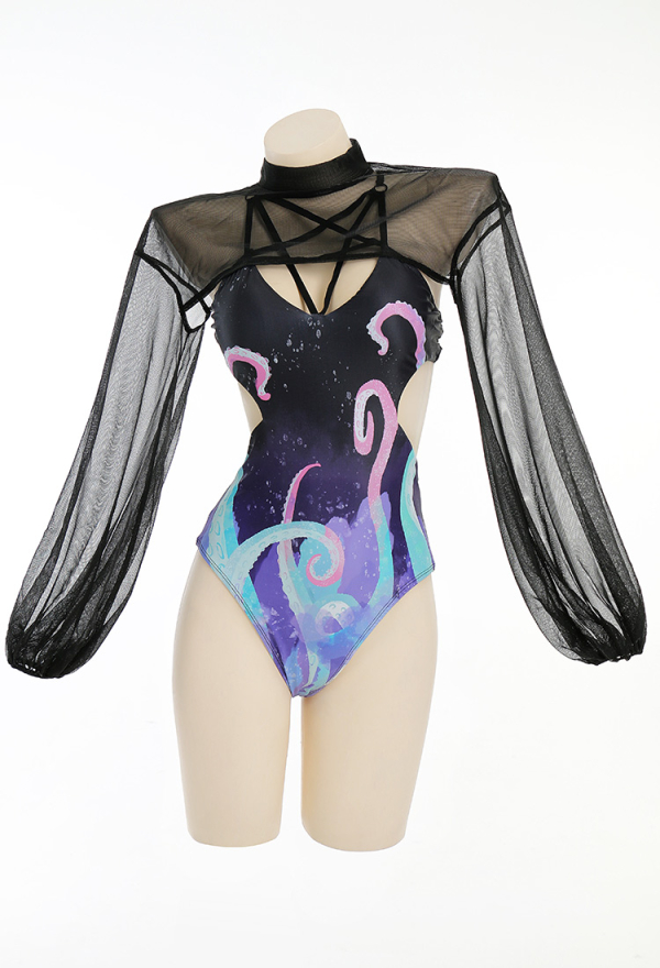 Miccostumes Gothic One-Piece Swimsuit for Women Colorful Tentacles Pattern Swimwear Pentagram Cutout Bathing Suit with Cover-up