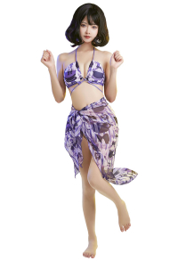 Pastel Haze Women Coffee Bear Print Halter String Bikini Set