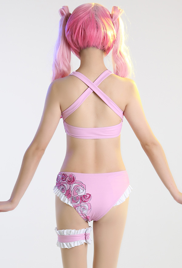 Miccostumes Trajes de Baño para Mujer Kawaii Patrón de Tiburón Rosa de Dos Piezas