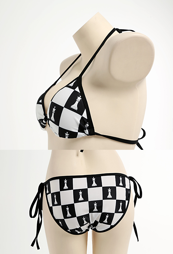 Maillot de Bain Bikini à Carreaux Noir et Blanc Deux Pièces