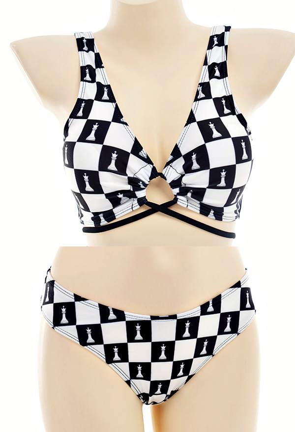 Maillot de Bain Bikini à Carreaux Noir et Blanc Deux Pièces avec Sangles Croisées