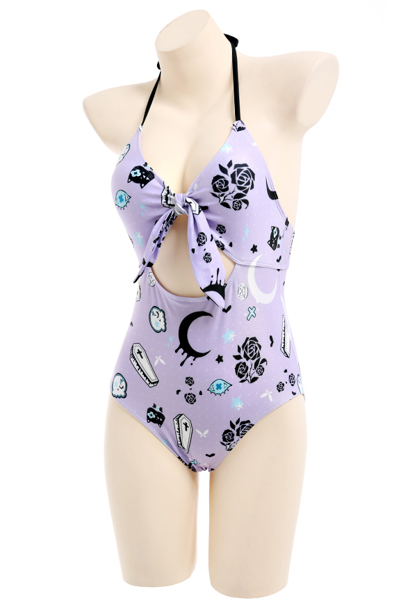 Lila Kawaii Harajuku Bademode Badeanzug Halfter Aushöhlen Binde Bodysuit