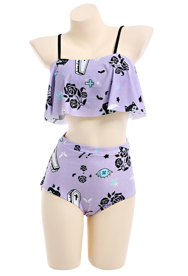 Maillot de Bain Bikini à Volants Violet avec Impression de Lune Fleur Deux Pièces