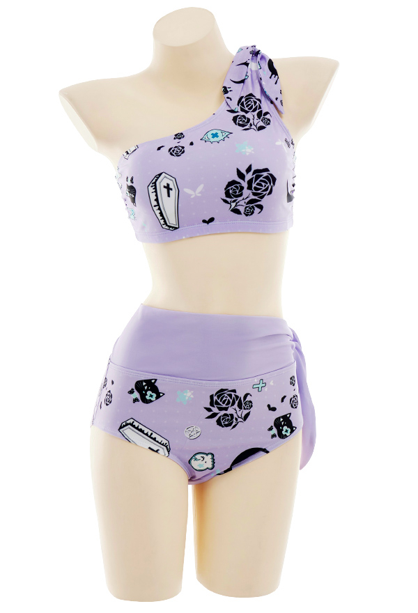 Maillot de Bain Violet à Motif de Lune Fleur Deux Pièces à une Épaule