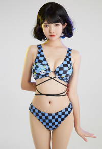 Cross Lace-up Bikini Set Purple Plaid Pattern Two Piece Beach Swimsuit