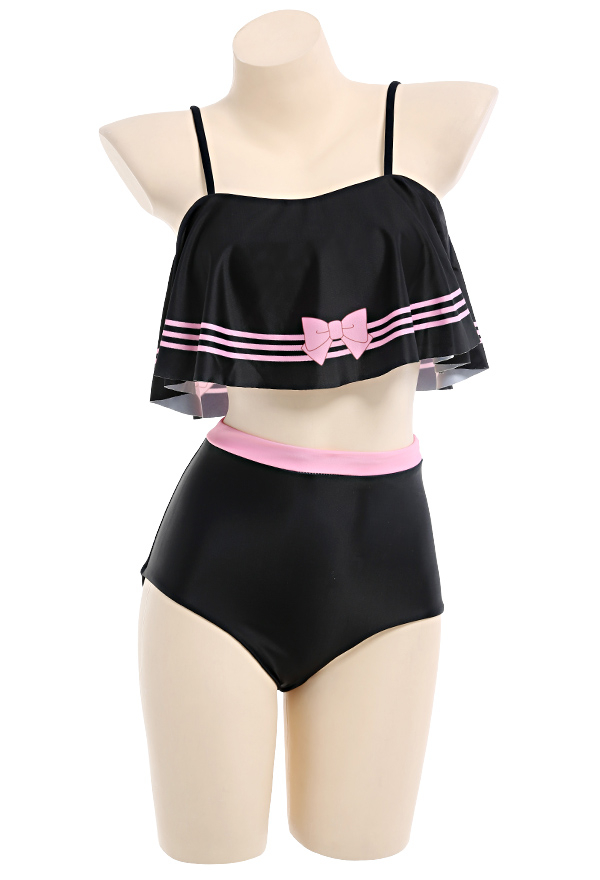 Maillot de Bain Bikini à Volants Noir et Rose avec Nœud Papillon Deux Pièces