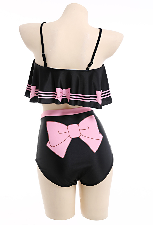 Maillot de Bain Bikini à Volants Noir et Rose avec Nœud Papillon Deux Pièces