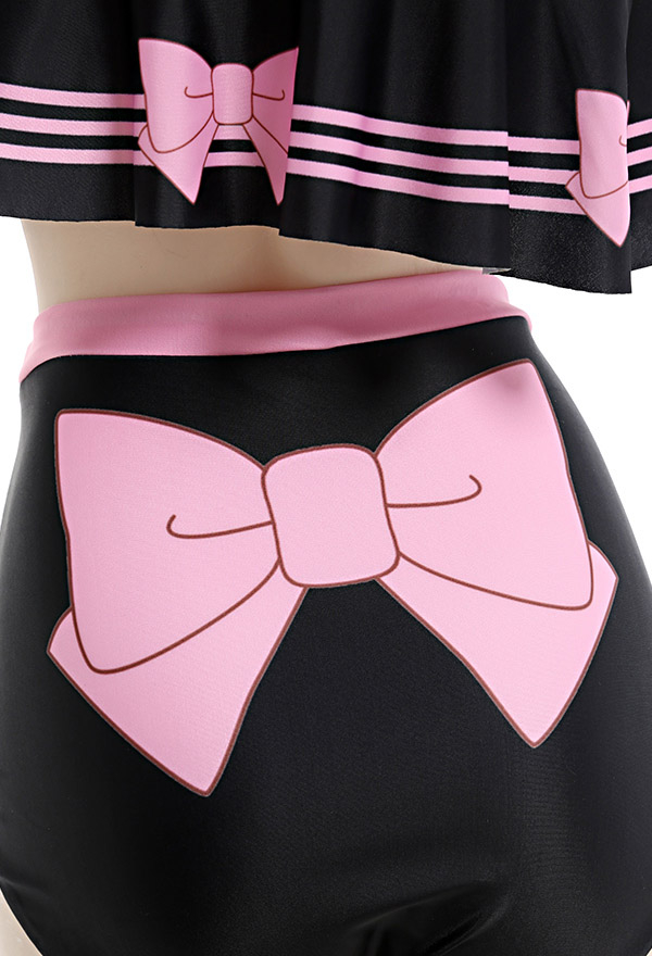 Maillot de Bain Bikini à Volants Noir et Rose avec Nœud Papillon Deux Pièces