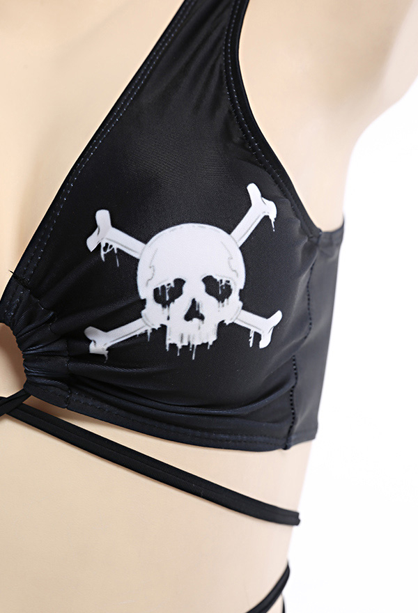 Miccostumes Punk Schädel Bademode Niedriger Kragen Badeanzug Binde Bikini