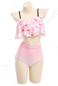 Swimming Suit Pink Strawberry Cow Pattern Ruffled Bathing Suit Two Piece Swimwear