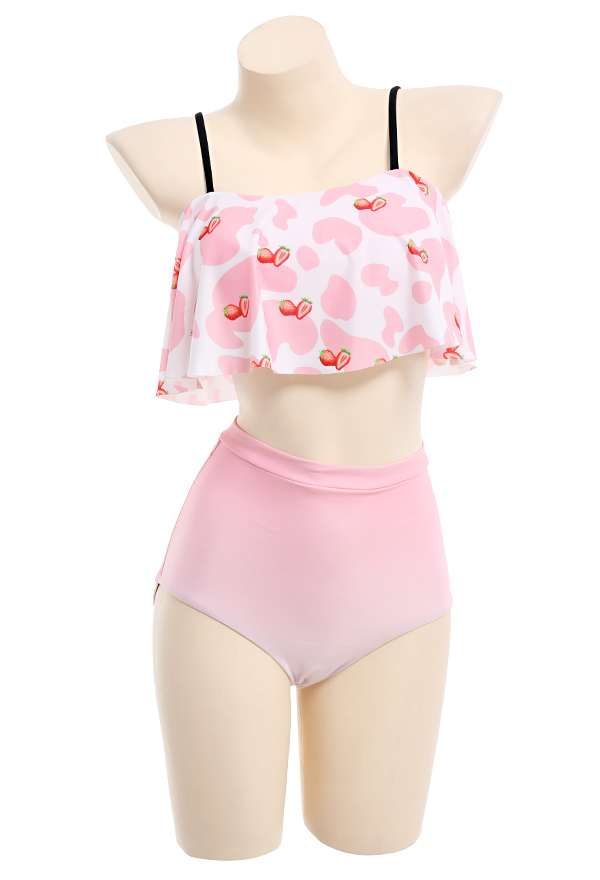 Maillot de Bain Bikini à Volants Rose avec Impression de Fraise Deux Pièces