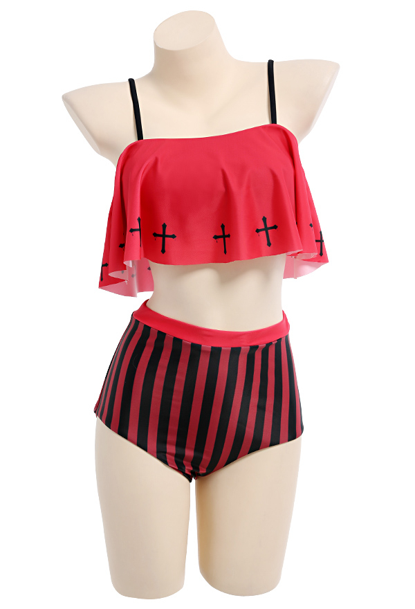 Kreuz Gothic Swimsuit Bademode Badeanzug Sling Hoher Taille Bikini mit Rüschen