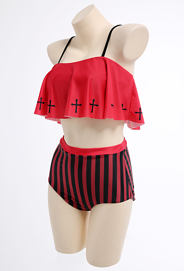 Kreuz Gothic Swimsuit Bademode Badeanzug Sling Hoher Taille Bikini mit Rüschen