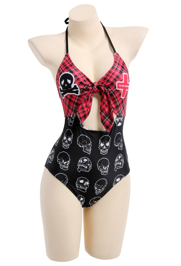 One Piece Swimsuit with Opening Design Bathing Suit with Skull Cross Prints  for Beach Pool