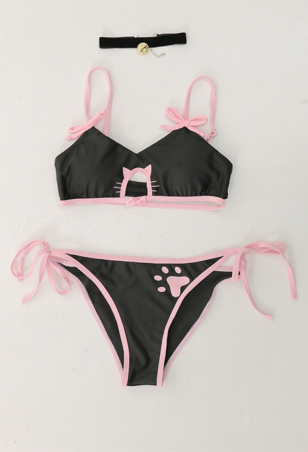 Cat Style Sexy Swimsuit - Cat Hollow Top and Lace-Up Bottoms Bathing Suit