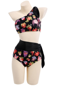 Two Piece Gothic Swimsuit with Devil Strawberry Prints One Shoulder Bathing Suit for Beach Pool