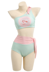 Two Piece Swimsuit with Dessert Print One Shoulder Green Bathing Suit for Beach Pool