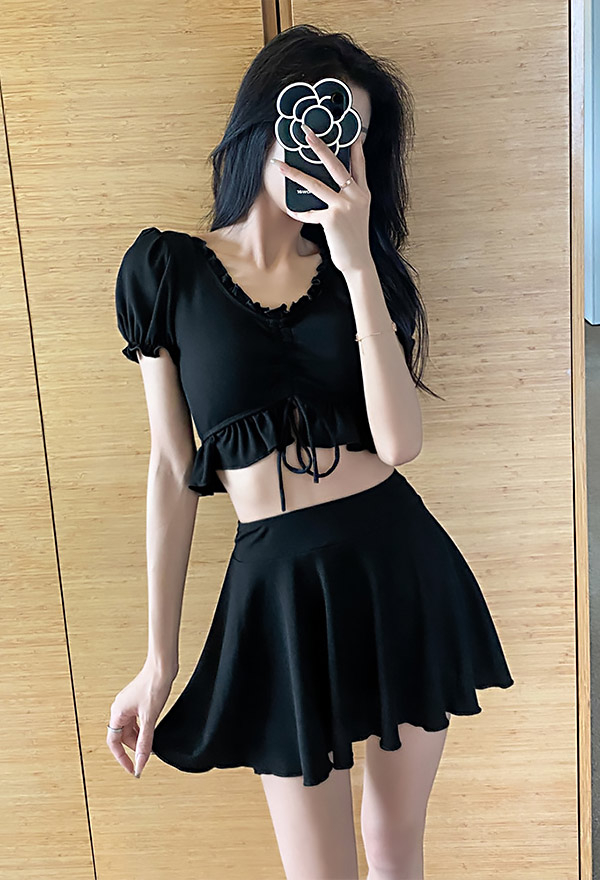 Women Gothic Swimsuit Ruffled Black Top and Skirt Set Bathing