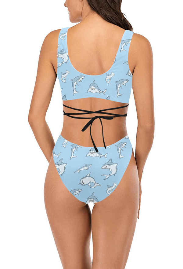 Miccostumes Swimsuits Femme Maillot de Bain Deux Pièces Bikini Bleu Motif Requin avec Sangle Croisée