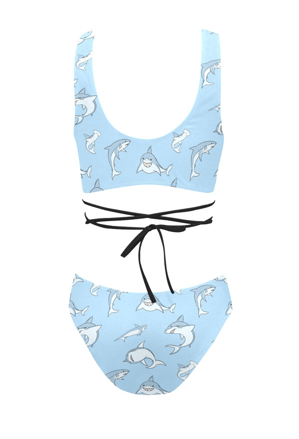 Miccostumes Swimsuits Femme Maillot de Bain Deux Pièces Bikini Bleu Motif Requin avec Sangle Croisée