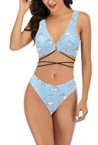 Miccostumes Swimsuits Kawaii Hai Crisscross Bikini Hoher Beinausschnitt Schnürung Swimsuit in Blau