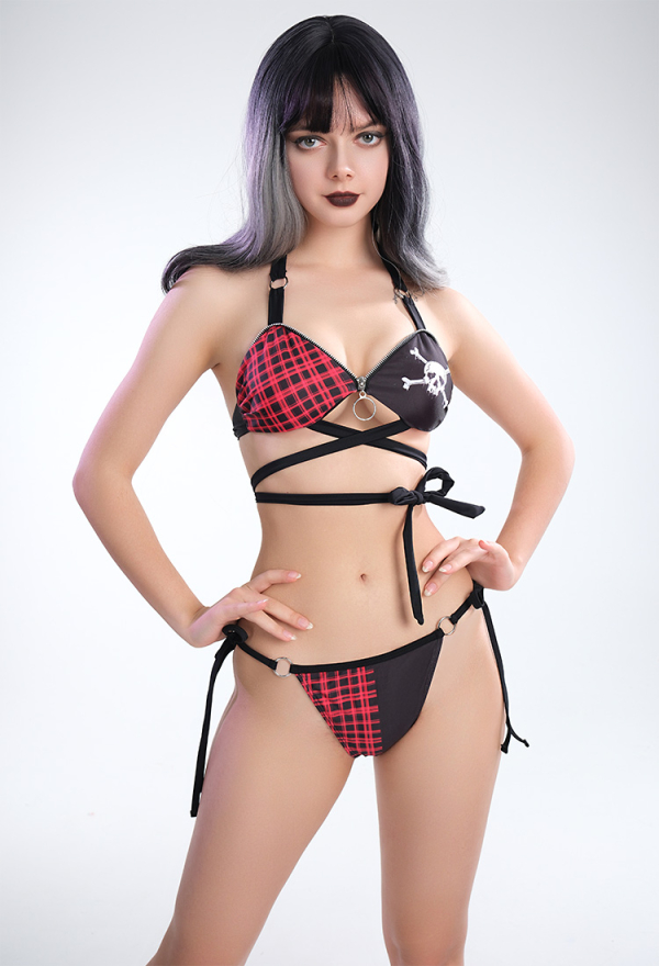 Gothic Bikini Swimsuit Rot Plaid Badeanzug Crisscross Geknoteter Neckholder O-Ring Bademode