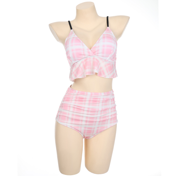 Women Two-Piece Swimwear - Pink Plaid Prints Ruffle Hem Bikini Bathing Suit