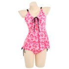 Miccostumes Swimsuits for Women Front Lace-up Bathing Suit Pink Heart Leopard Prints Two Piece Tankini Loose Fit Swimwear