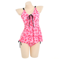 Miccostumes Swimsuits for Women Front Lace-up Bathing Suit Pink Heart Leopard Prints Two Piece Tankini Loose Fit Swimwear