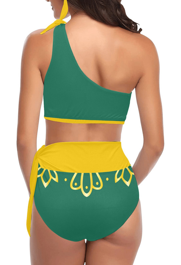 Women Sexy Bathing Suit - Green Yellow Print One Shoulder Sleeveless Top  and High Waist Panty Set