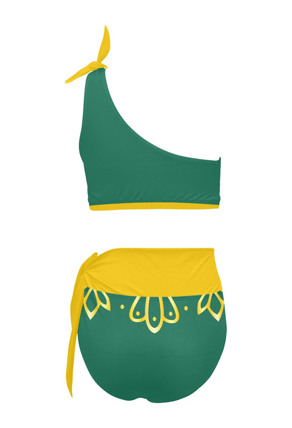 Miccostumes Maillots de bain pour femme Maillot de bain vert jaune imprimé haut sans manches à une épaule et culotte taille haute ensemble maillot de bain deux pièces