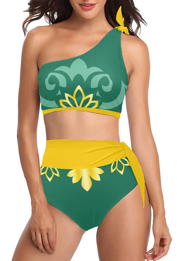 Women Sexy Bathing Suit - Green Yellow Print One Shoulder