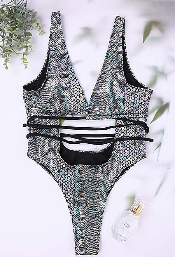 Metallic Bikini Beachwear - Black & Silver