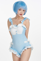 Women Kawaii One-Piece Swimwear Ruffle Lace-up Polka Dot Print Tummy Control Bathing Suit