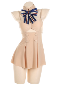 Megan Derivative Swimsuit for Women Beige Swim Dress One-Piece Bathing Suit with Bottom and Bow Collar
