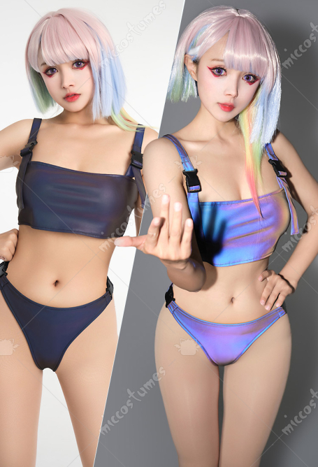 Reflective Two-Piece Swimsuit Bikini Set Lucy Derivative Buckle Sporty Top and Bottoms Bathing Suit Swimwear Black