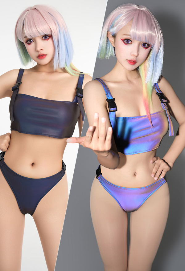 Lucy Derivative Regenbogen Reflektierender Bikini Set High Cut Tanga Sports Top Swimsuit Clubwear Badeanzug Set