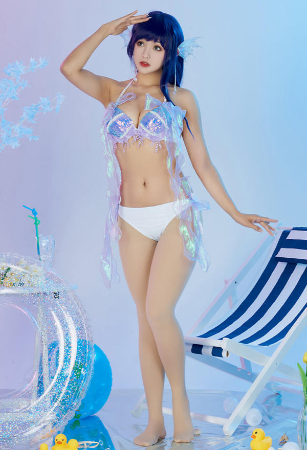 Raiden Shogun dérivé violet sirène haut de Bikini soutien-gorge pour femmes fait à la main brillant paillettes coquille perle maillot de bain licou maillots de bain