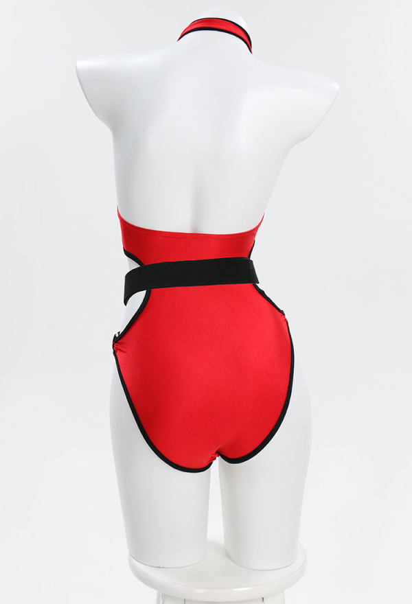 EVA Derivative Swimsuit Sexy Red Cutout High Neck One-Piece Bathing Suit Tummy Control Swimwear