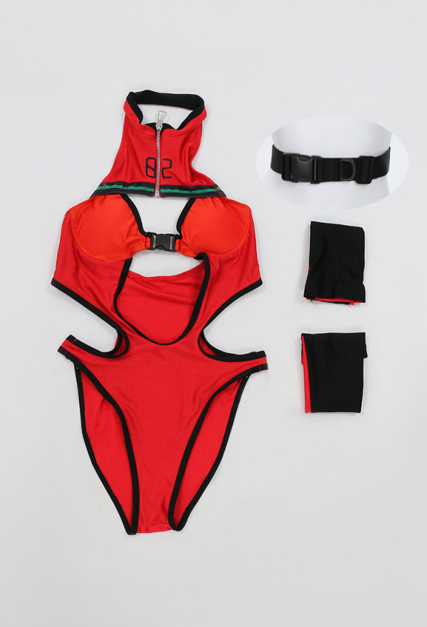 Damen Rot One-Piece Swimsuit High Cut Badenazug Brust Cutout Neckholder Bademode