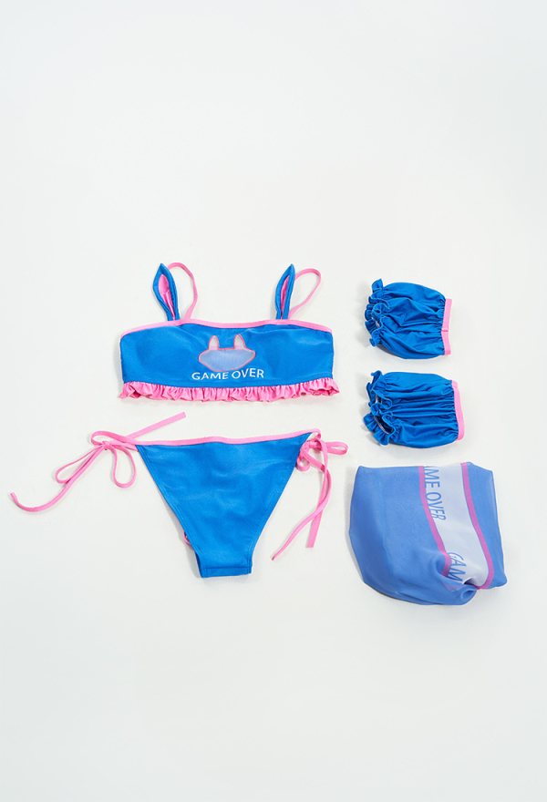 OW Kawaii Bikini Bunny Swimsuit Blau Rosa Badeanzug Schnürung Shorts Brust Cutout Bademode Set mit Arm Zubehör