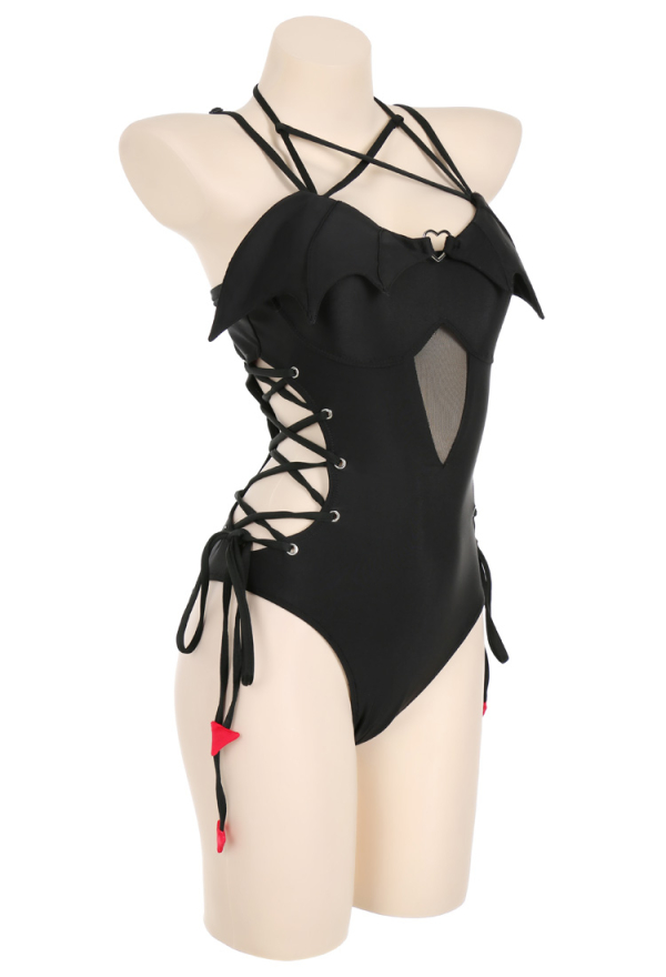 Sexy Schwarz Swimsuit Teufel Badeanzug Criss Cross High Cut Fledermausflügel Brust Bademode