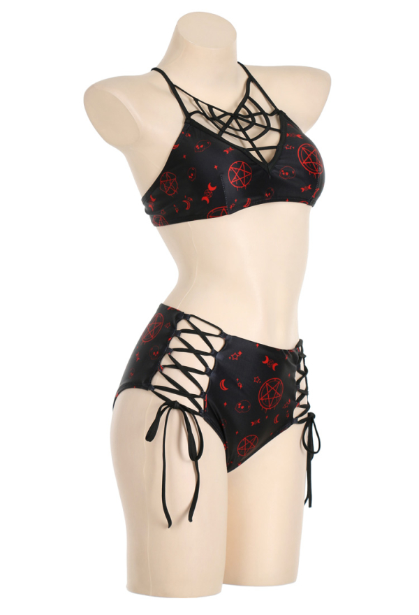 Miccostumes Damen Schwarz Rot Bikini Gothic Spinnennetz Criss Cross Schnürung Swimsuit High Cut Badeanzug