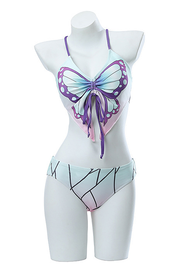 KNY Derivative Two-Piece Swimsuit Butterfly Bathing Suit Short Loose Tank  Top and High Waist Style Panty Swimwear